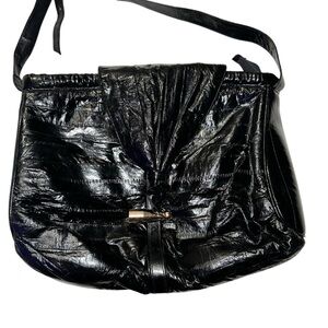 Black Eel Skin Leather Shoulder Bag Vintage Soft Slouchy Flap Purse